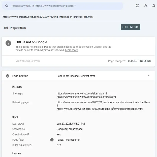 Google Page indexing - Page is not indexed: Redirect error