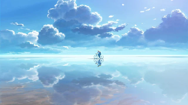 Anime, Lindo Céu com Nuvens. Horizonte, Garoto Anime na Bicicleta