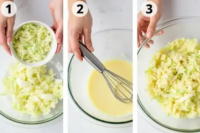 Steps to make Mexican Coleslaw: prepping, mixing, serving.