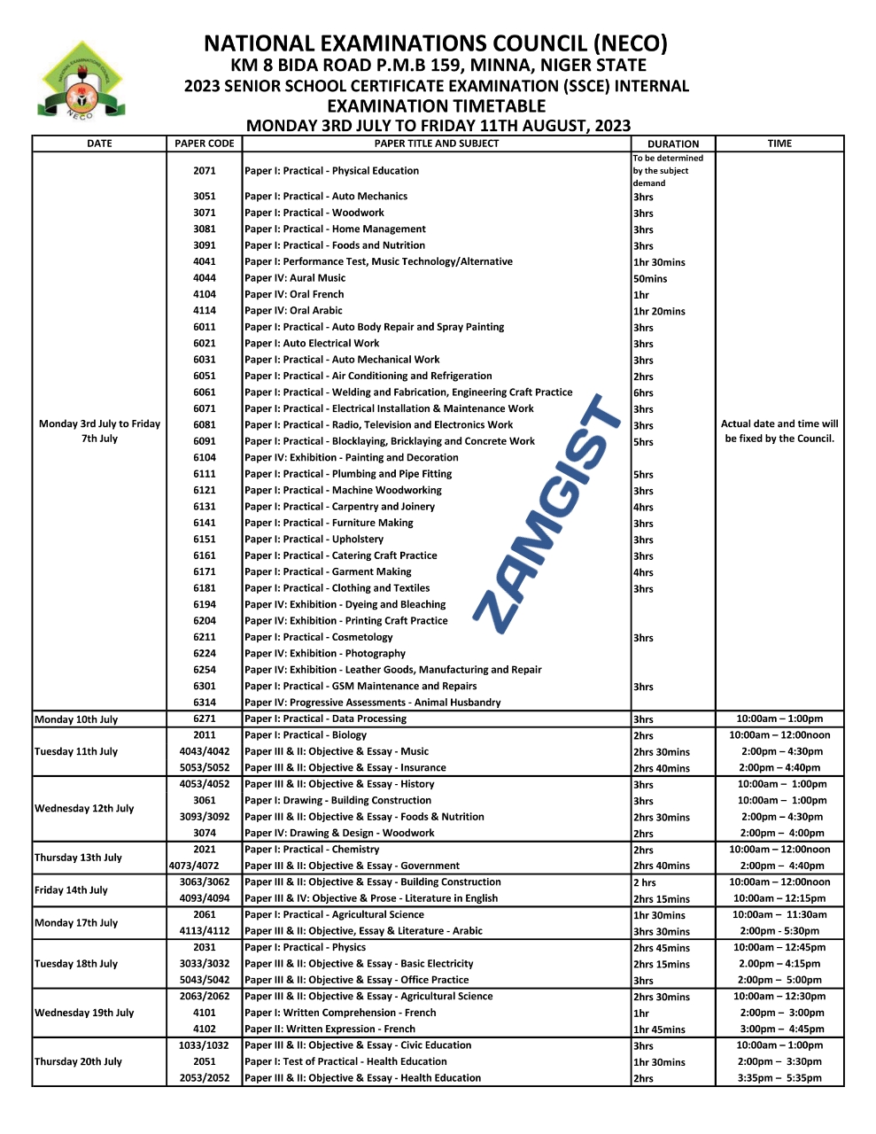 Neco Timetable 2023 Images