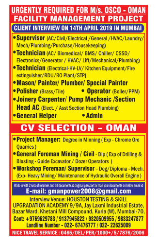 Urgently Required for M/s. OSCO-Oman-Facility Management Project