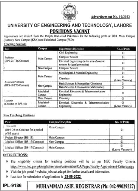 Latest University of Engineering and Technology UET Education Posts Lahore 2022