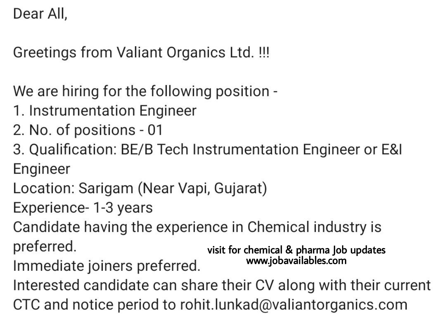 Job Availabls, Valiant Organics Ltd Job Opening For BE/ B.Tech Instrumentation Engineer