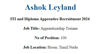 ITI and Diploma Apprentice Recruitment at Ashok Leyland, Hosur, Tamil Nadu | Apply Now!