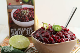 Traditional cranberry sauce gets a savory twist with bright lime and a kick of jalapeno in this Kaffir Lime & Jalapeno Cranberry Sauce. #ad