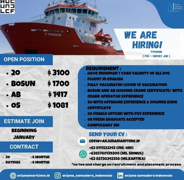 Job Vacancy Indonesian Seafarer Arjuna Maritim Desember 2023