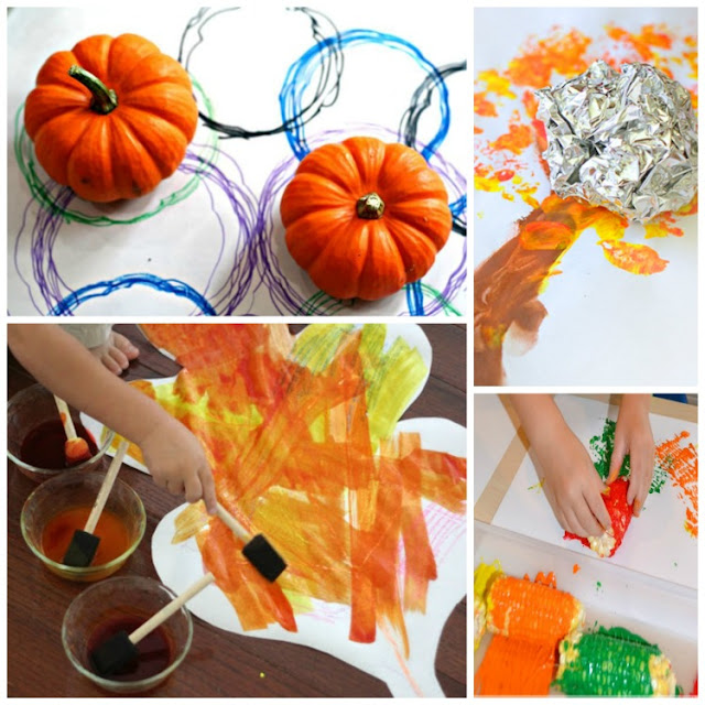 Fall Process Art For Kids.  Great ideas for autumn painting, drawing, collage, and stamping.  Choices for toddlers, preschool, kindergarten, and elementary kids.