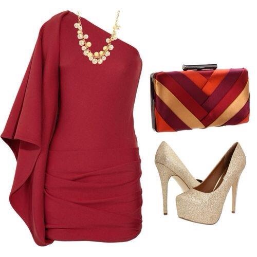 Dark red gown, hand bag and cream color high heel sandals