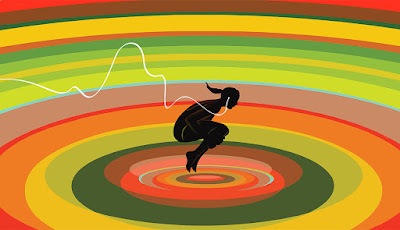 graphic of woman in shadow jumping with headphones on in a pop art background.