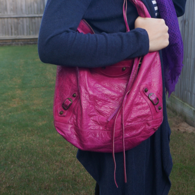 navy waterfall cardigan with Balenciaga Day bag in 2005 magenta | awayfromtheblue