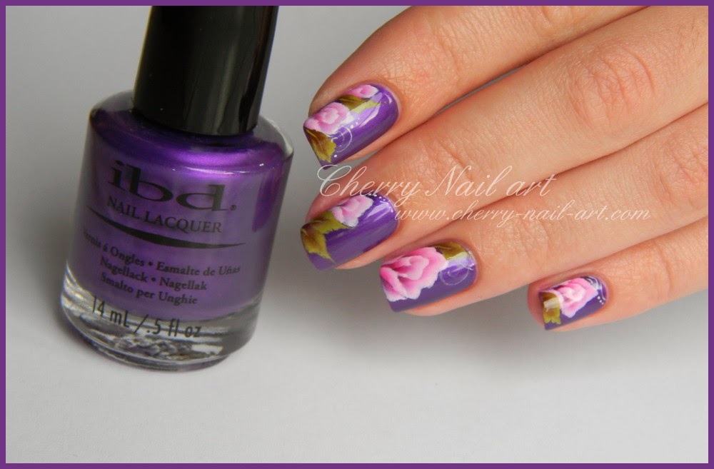 nail art fleur rose et feuille one stroke