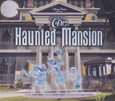 Book cover for Disney Presents the Haunted Mansion with an illustration of the hitchiking ghosts in front of the mansion.