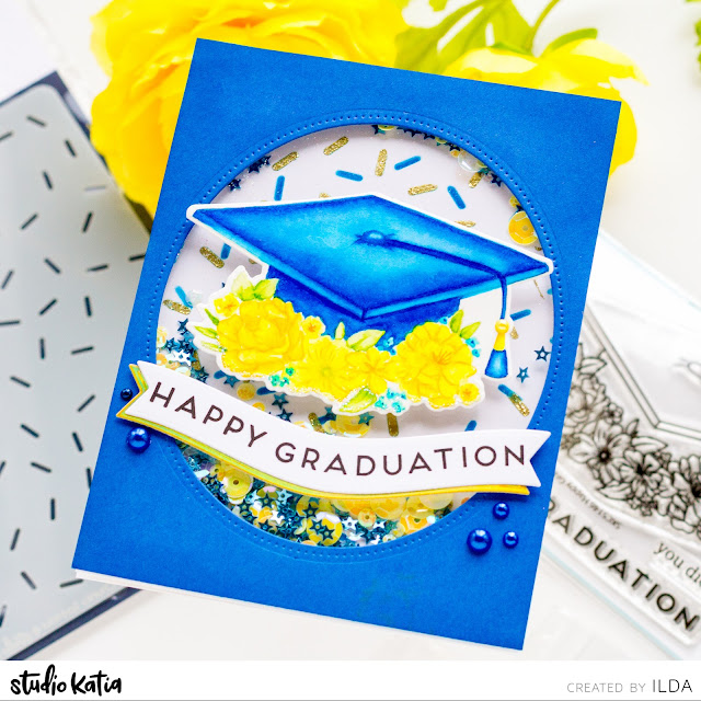 Graduation Card, Shaker Card, Studio Katia, blue, yellow, masculine, Card Making, Stamping, Die Cutting, handmade card, ilovedoingallthingscrafty, Stamps, how to,