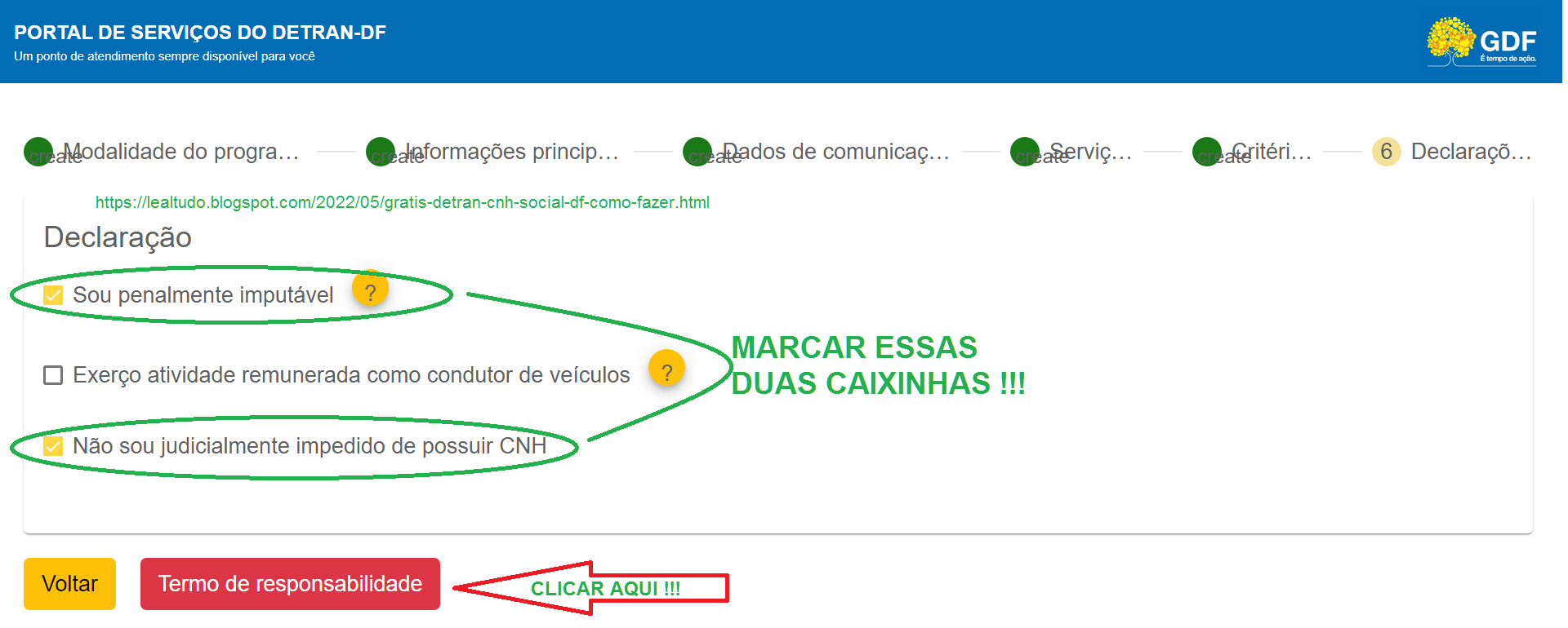 PASSO 8 DECLARAÇÃO IMPUTÁVEL E NÃO IMPEDIDO CNH SOCIAL DETRAN DF