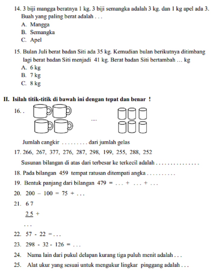 SOAL DAN JAWABAN LATIHAN UAS MATEMATIKA KELAS 2 SD/MI 