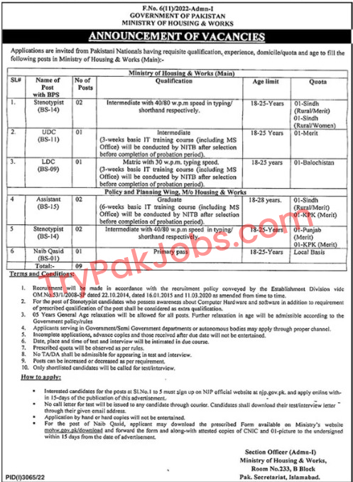 Housing and Works Ministry Jobs 2022 Advertisement