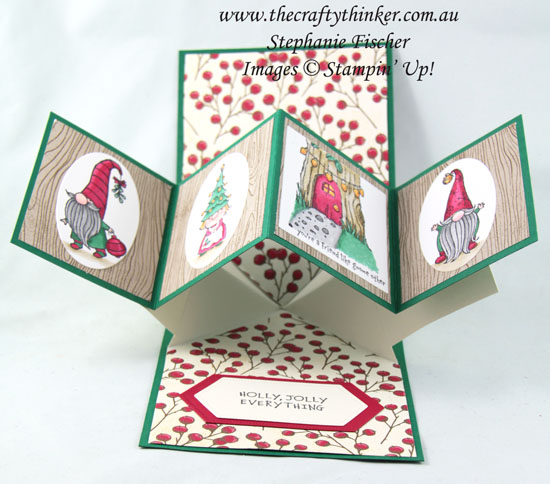 #thecraftythinker #gnomefortheholidays #christmascard #pop&twistfunfold #funfold #cardmaking , Gnome For The Holidays, Poinsettia Place DSP, Christmas Card, Pop & Twist fun fold, Stampin' Up Demonstrator, Stephanie Fischer, Sydney NSW