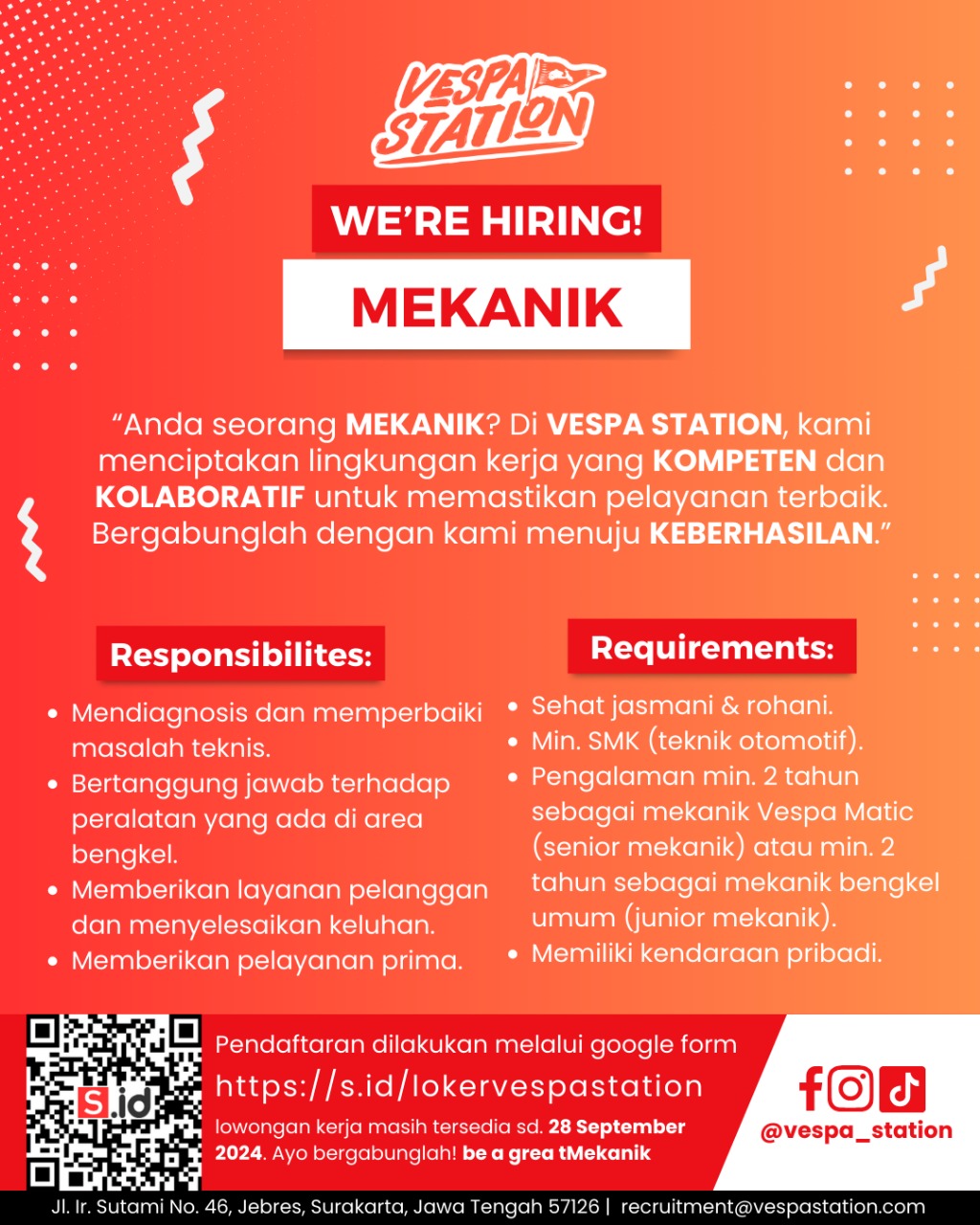 Loker Solo di Vespa Station SPV, Digital Marketing & Content, Mekanik, Kasir, Staff Akuntan