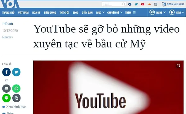 Youtube bị buộc gỡ bỏ các thông tin xuyên tạc về bầu cử Mỹ 2020