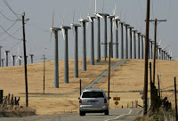 Under a proposal introduced in the California legislature, the state's electricity would come entirely from renewable sources, like this Oakland wind farm, by 2045. (Credit: Justin Sullivan/Getty Images) Click to Enlarge.