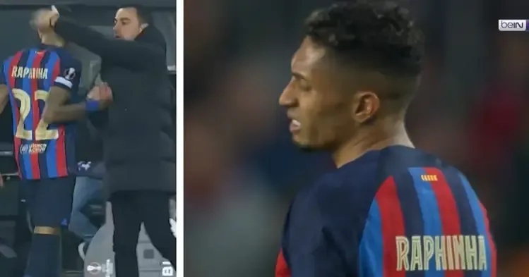 Spotted: Raphinha's reaction to getting subbed for Ferran Torres after Man United heroics