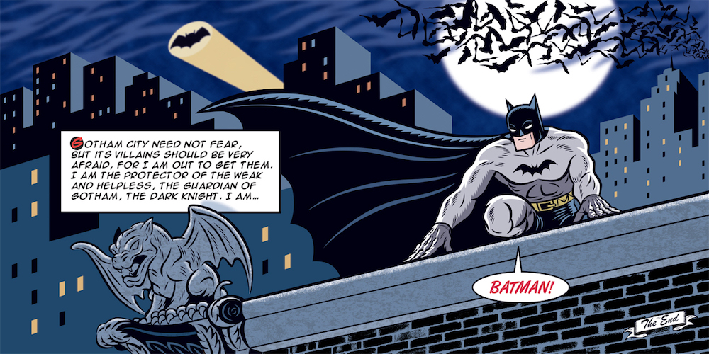 Batman posed on a rooftop similarly to a nearby gargoyle, with stylized art-deco buildings behind him, Bat-Signal shining in the night sky