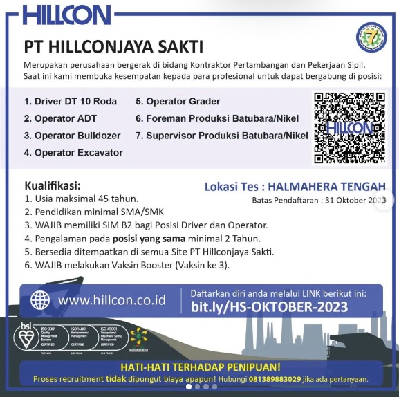 Open Recruitment PT Hillconjaya Sakti Halmahera Tengah Tahun 2023