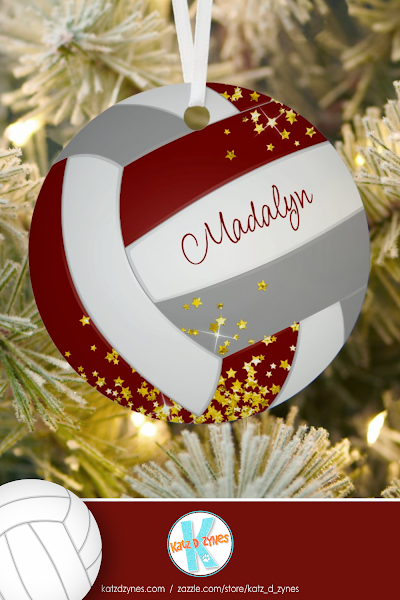 maroon gray volleyball with gold stars personalized ornament