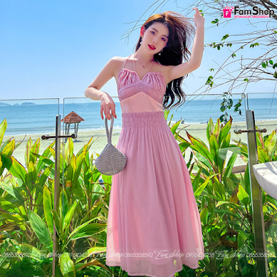 Váy maxi đi biển hồng VMXH530