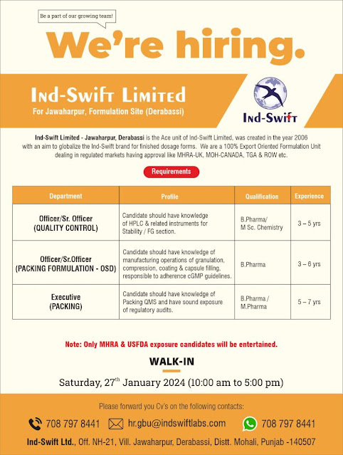 Ind-Swift Limited Walk In Interview For QC/ Packing Formulation/ Packing