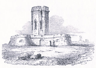 An engraving of the Arx Ruochim folly.  The tower in the middle is cracked down one side.  Two people stand looking up at the folly while a few sheep graze nearby.