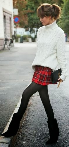 Gorgeous Plaid Top With Knit Sweater, Long Boots And Leggings