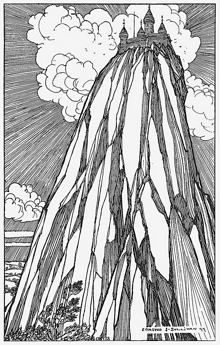 an E.J. Sullivan illustration of a mountaintop building