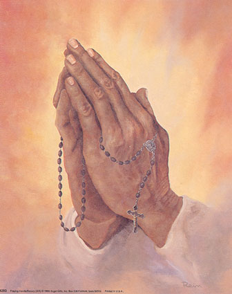 Praying hands with rosary beads and cross in fingers drawing 