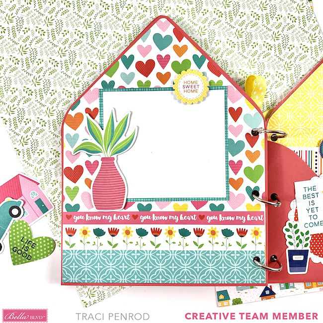 House Shaped Family Scrapbook Album page with hearts and flowers