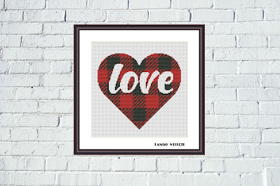 Love heart lumberjack plaid Valentines cross stitch pattern