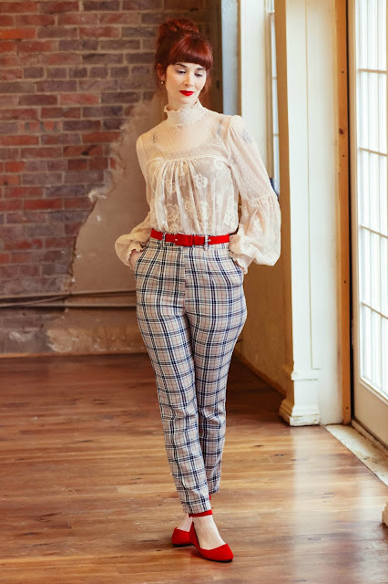 Beige Tartan High Waisted Skinny Leg Trousers - Percy from FemmeLuxeFinery.co.uk