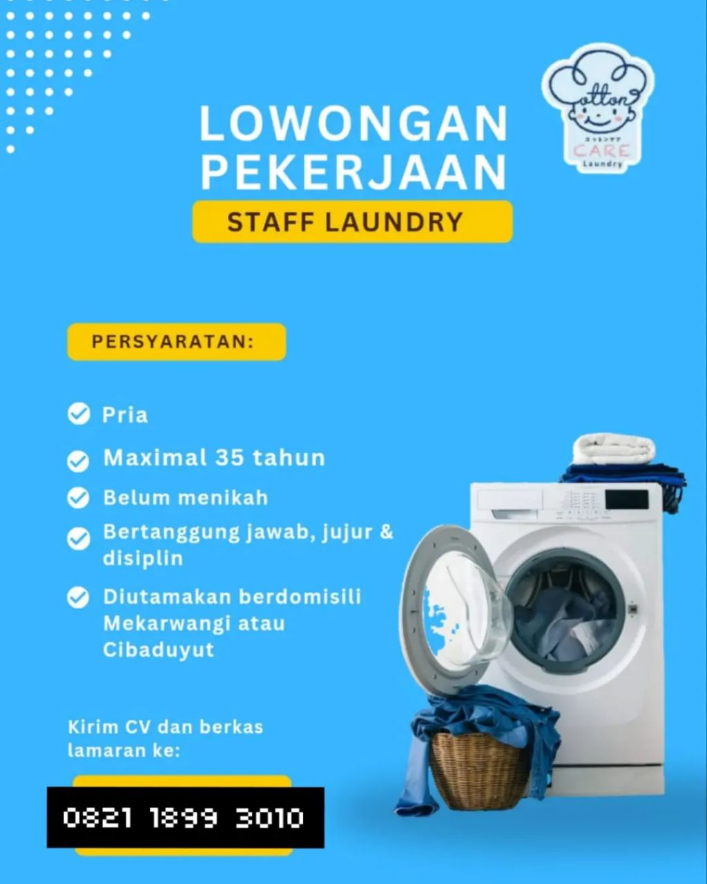 Lowongan Kerja Staff Laundry Cotton Care Laundry Bandung Maret 2024