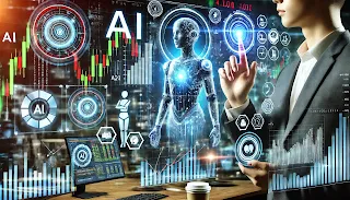 A futuristic trading interface with AI analyzing financial trends, glowing stock charts, and an investor reviewing AI-generated stock recommendations.