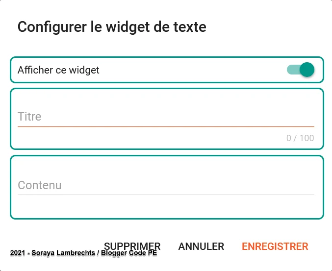 Le panneau de configuration du gadget Text