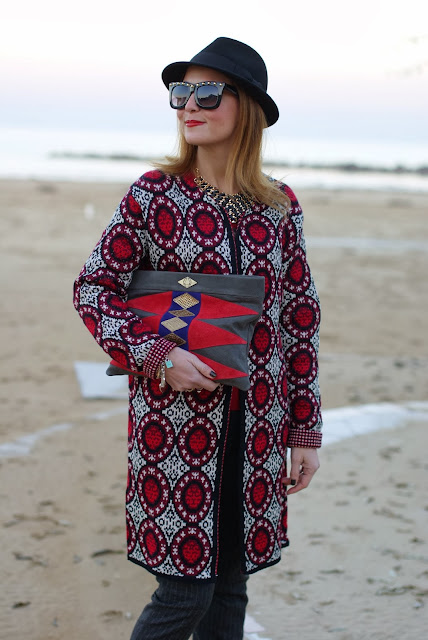 Mohekann Navajo clutch, Zara pinstripe pants, knit coatigan, H&M hat, Fashion and Cookies, fashion blogger