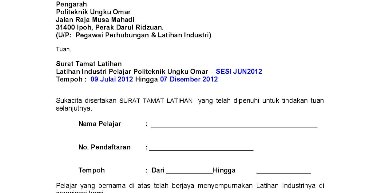 Hashamy Yaakob: Contoh Surat Tamat Latihan Industri