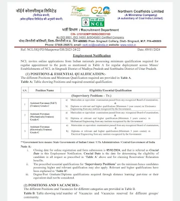 NCL Assistant Foreman Jobs Notification 2024 for 150 Posts