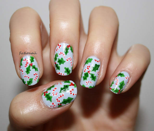 Christmas Holly And Candy Cane Nail Art
