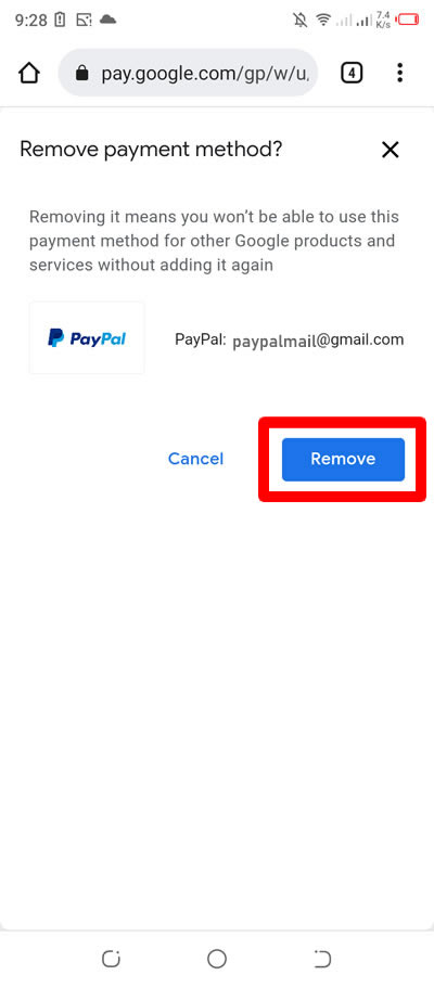 confirm removal payment method google play