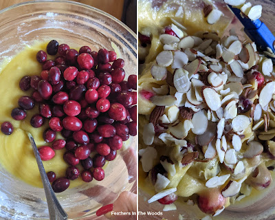 Cranberry almond bars, fold in fruit and nuts