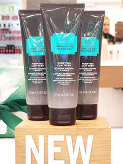 Trio of The Body Shop new Himalayan Charcoal Purifying Clay Wash, on display.