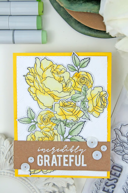 Grateful Copic Colored Rose Card by Jen Gallacher for www.jengallacher.com #kaisercraft #copicmarkers #card #stamping