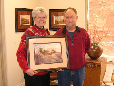 Donna and Dale Burrill with Roland Lee Watercolor Painting bought in 1981