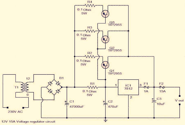 Circuit For Building A Voltage Regulator Using IC LM 7812, 12V-15A Voltage Regulator Circuit